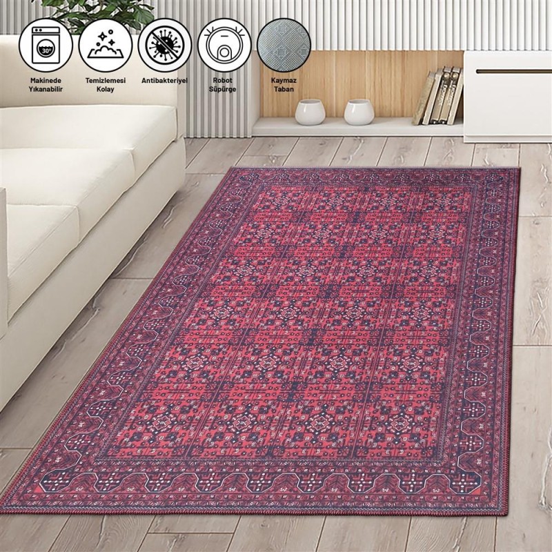 Modern Klasik Afgan desenli Kırmızı Siyah Halı Kaymaz Taban Makinada Yıkanabilir Modern Klasik Afgan desenli Kırmızı Siyah Halı Kaymaz Taban Makinada Yıkanabilir