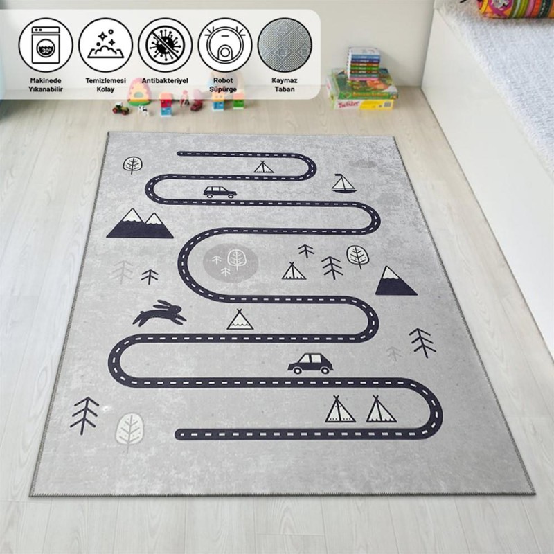 Çocuk Bebek odası eğitici oyun Halısı Trafik temalı Gri Halı Kaymaz Çocuk Bebek odası eğitici oyun Halısı Trafik temalı Gri Halı Kaymaz