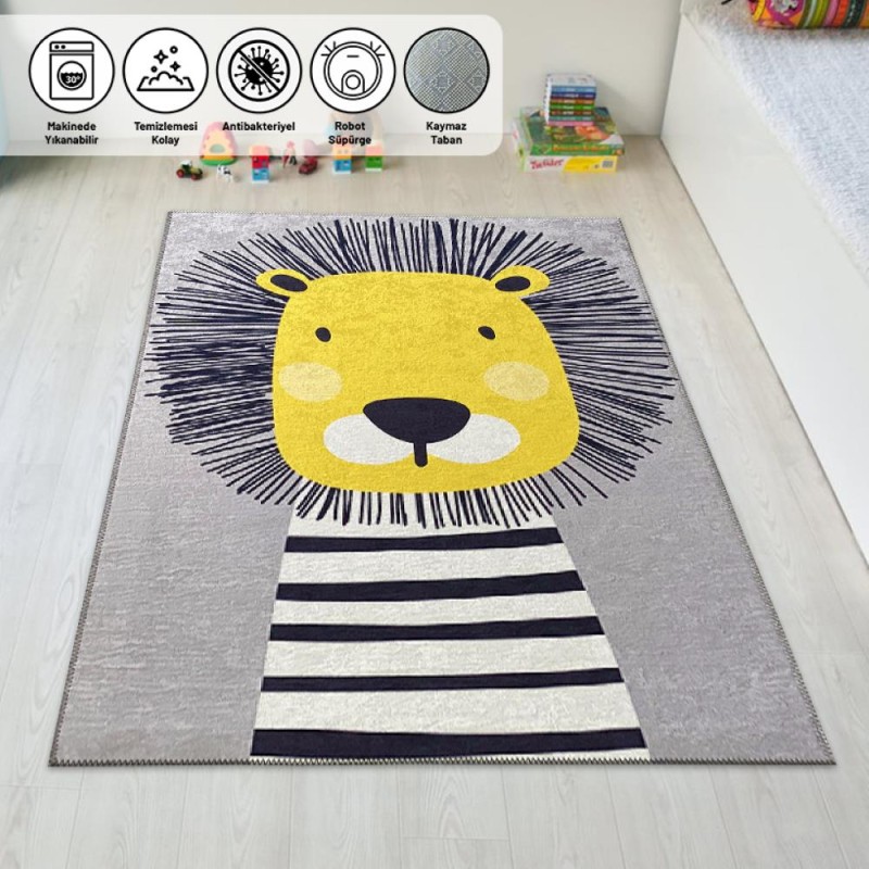 Çocuk Bebek Halısı Sevimli Aslan desenli Gri Halı Yıkanabilir Kaymaz Taban Çocuk Bebek Halısı Sevimli Aslan desenli Gri Halı Yıkanabilir Kaymaz Taban