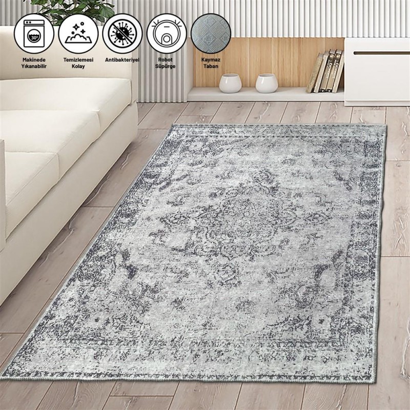 Modern Klasik Eskitme desenli Gri Halı Kaymaz Taban Makinada Yıkanabilir Modern Klasik Eskitme desenli Gri Halı Kaymaz Taban Makinada Yıkanabilir