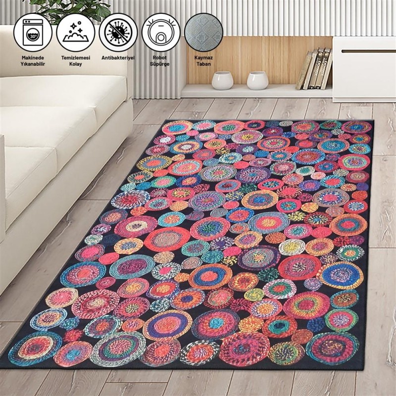 Modern Örgü Sepet desenli Siyah Karma Renkli Halı Kaymaz Taban Makinada Yıkanabilir Modern Örgü Sepet desenli Siyah Karma Renkli Halı Kaymaz Taban Makinada Yıkanabilir