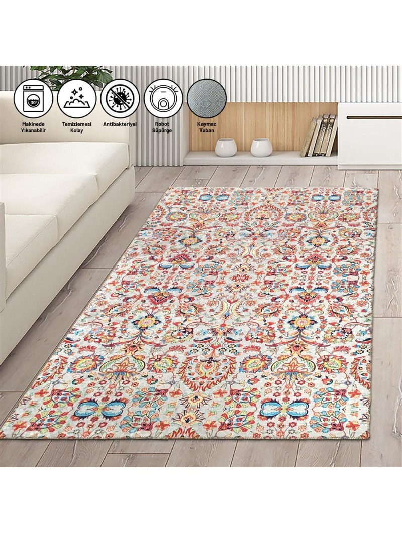 Halı Eskitme Osmanlı desenli Salon Oda Mutfak Halısı Kırmızı Beyaz Kaymaz Yıkanabilir