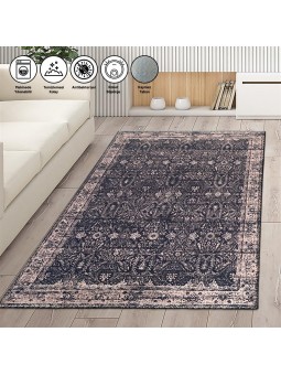 Modern Klasik Eskitme İran tarzı desenli Siyah Rose Halı Kaymaz Taban Makinada Yıkanabilir