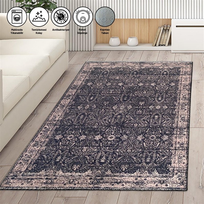 Modern Klasik Eskitme İran tarzı desenli Siyah Rose Halı Kaymaz Taban Makinada Yıkanabilir Modern Klasik Eskitme İran tarzı desenli Siyah Rose Halı Kaymaz Taban Makinada Yıkanabilir