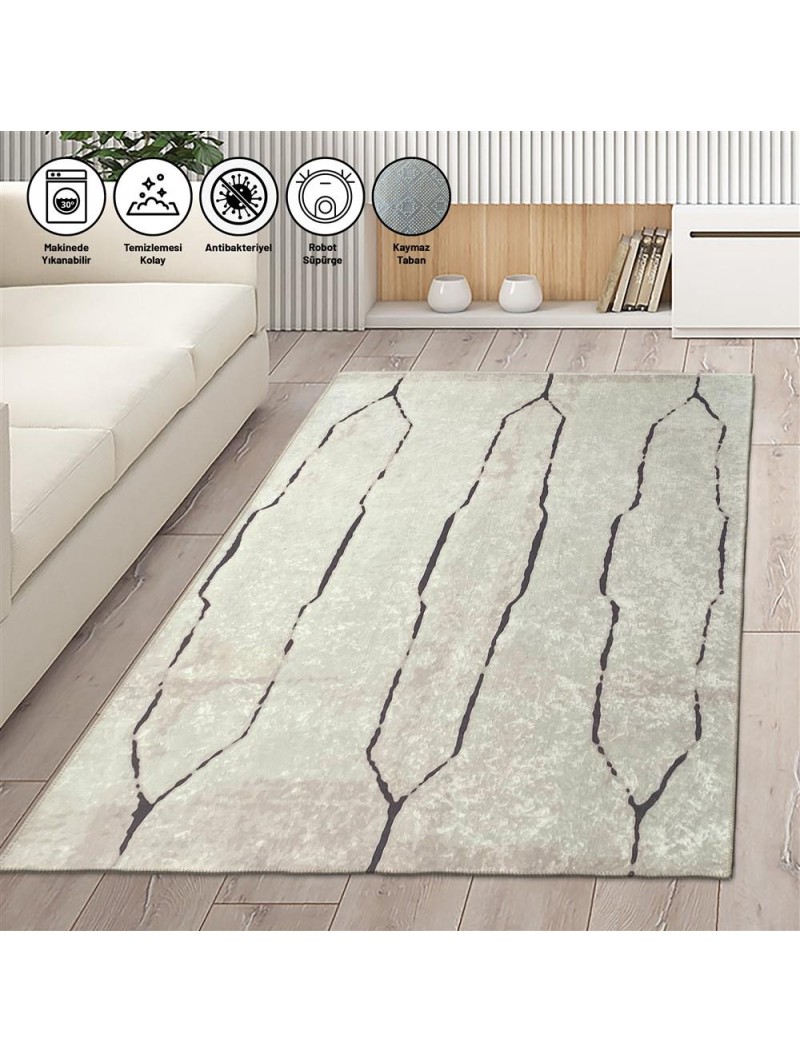  İskandinav Çizgi desenli Krem Renkli Modern Halı Kaymaz Taban Makinada Yıkanabilir