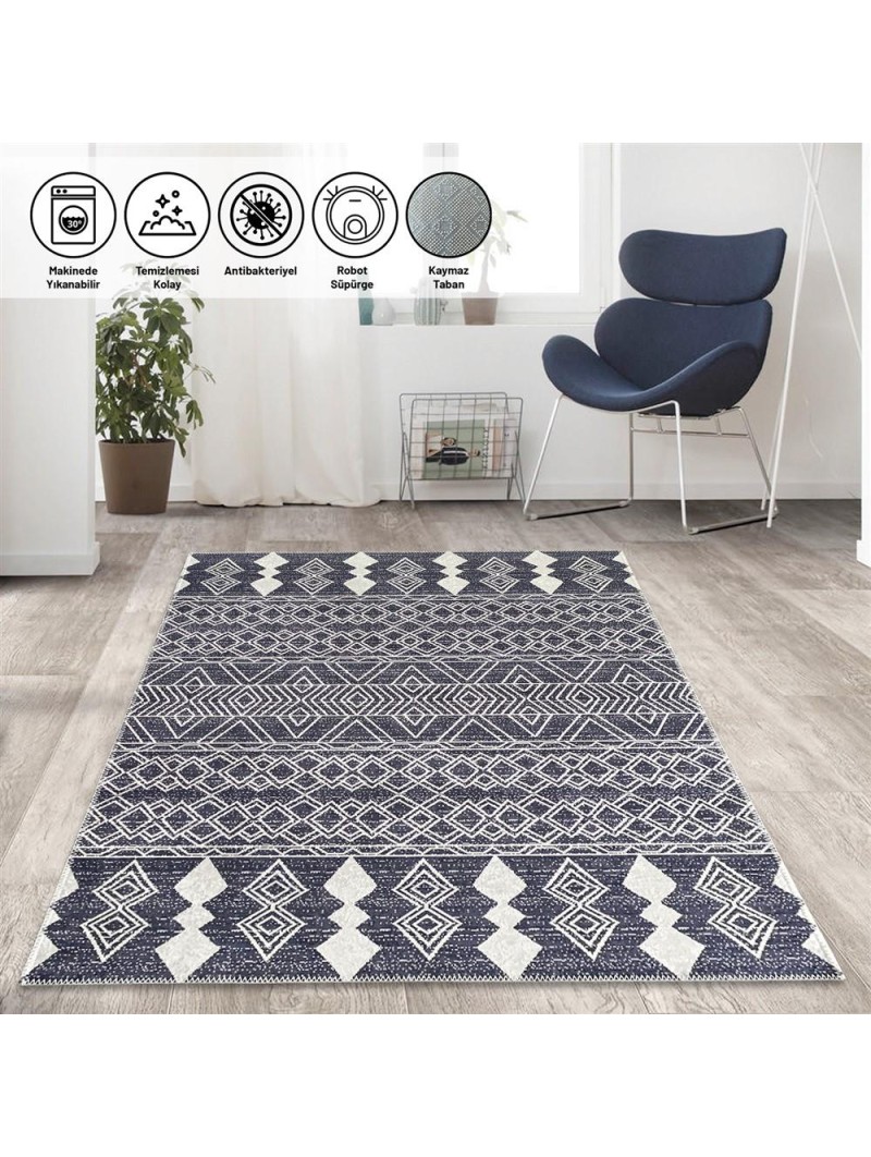 Marokan tarzı Salon Halısı otantik kilim desenli Koyu Gri Halı Kaymaz Taban Makinada Yıkanabilir