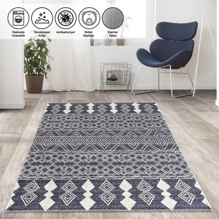 Marokan tarzı Salon Halısı otantik kilim desenli Koyu Gri Halı Kaymaz Taban Makinada Yıkanabilir