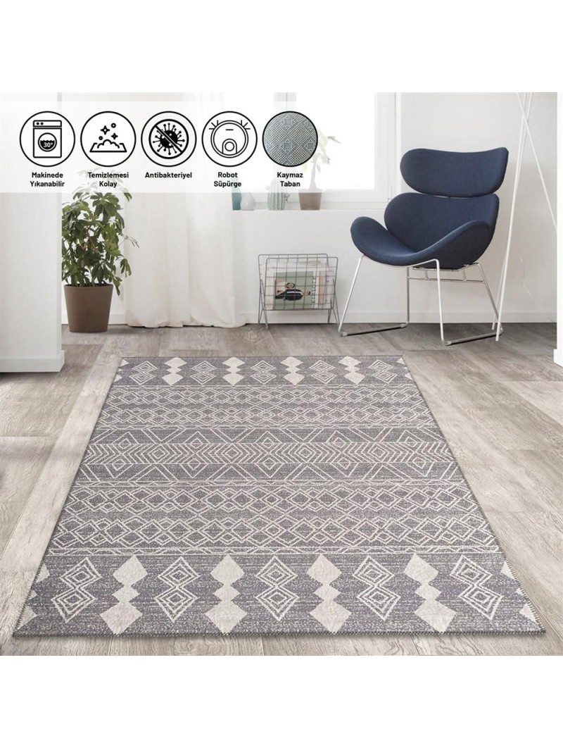 Marokan tarzı Salon Halısı otantik kilim desenli Açık Gri Halı Kaymaz Taban Makinada Yıkanabilir