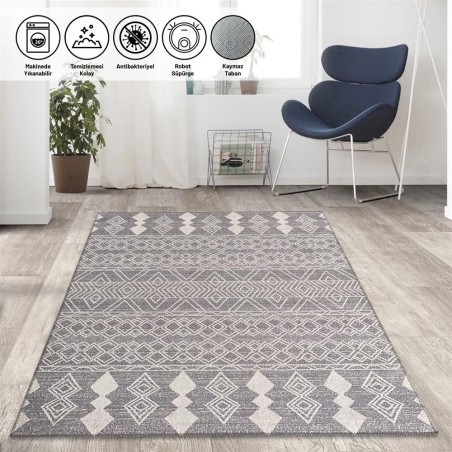 Marokan tarzı Salon Halısı otantik kilim desenli Açık Gri Halı Kaymaz Taban Makinada Yıkanabilir