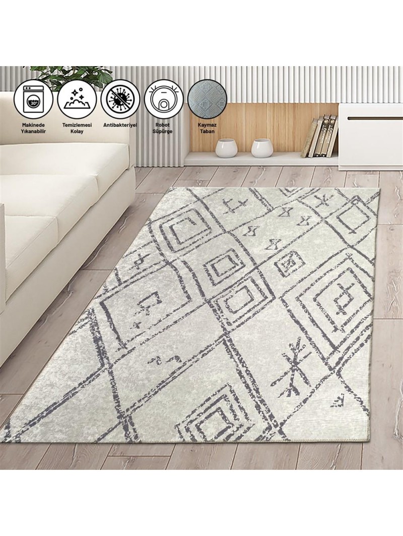  İskandinav Geometrik desenli Krem Halı Kaymaz Yıkanabilir