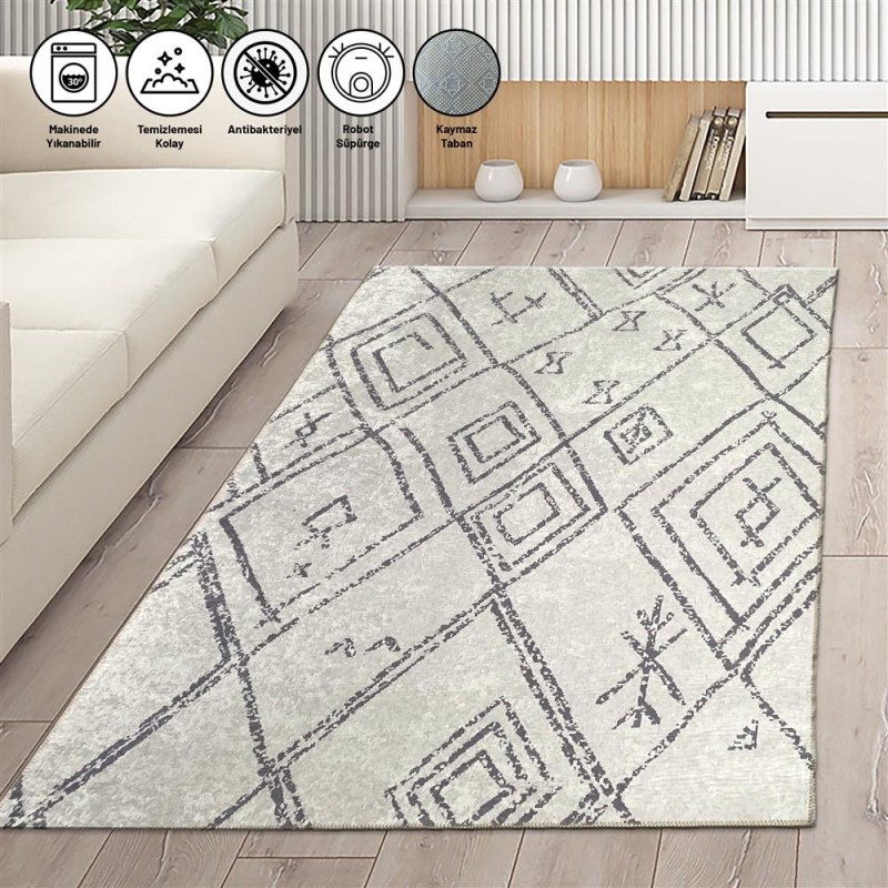 İskandinav Geometrik desenli Krem Halı Kaymaz Yıkanabilir İskandinav Geometrik desenli Krem Halı Kaymaz Yıkanabilir