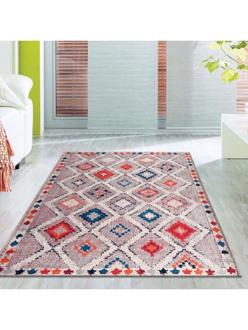 El dokuma yün Kilim görünümlü Bej Krem Halı Kaymaz Yıkanabilir