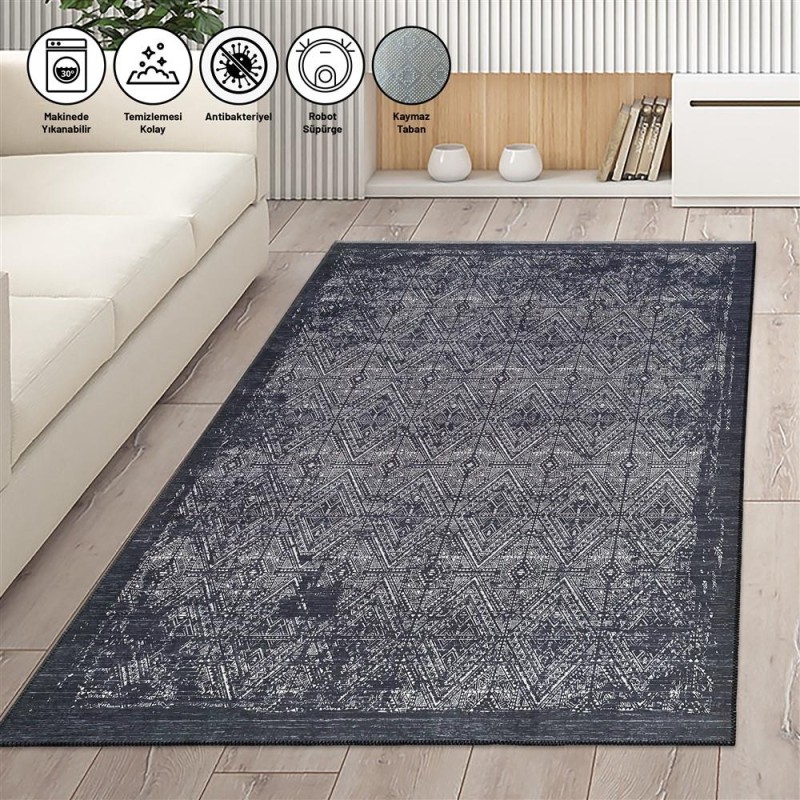 Modern Klasik Geometrik desenli Siyah Gri Halı Kaymaz Taban Makinada Yıkanabilir Modern Klasik Geometrik desenli Siyah Gri Halı Kaymaz Taban Makinada Yıkanabilir