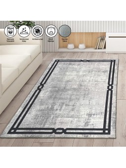 Modern Abstrak Bordür desenli Salon Mutfak Oda Halısı Siyah Gri Halı Kaymaz yıkanabilir