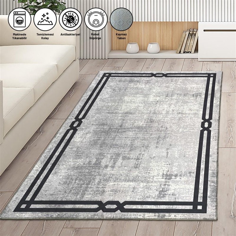 Modern Abstrak Bordür desenli Salon Mutfak Oda Halısı Siyah Gri Halı Kaymaz yıkanabilir Modern Abstrak Bordür desenli Salon Mutfak Oda Halısı Siyah Gri Halı Kaymaz yıkanabilir