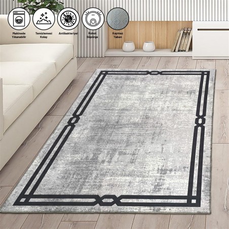 Modern Abstrak Bordür desenli Salon Mutfak Oda Halısı Siyah Gri Halı Kaymaz yıkanabilir